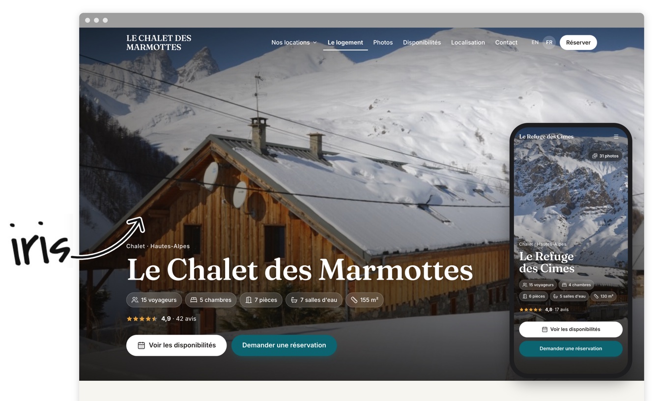 Exemple de site de gîte avec le thème Iris, sur ordinateur et sur téléphone